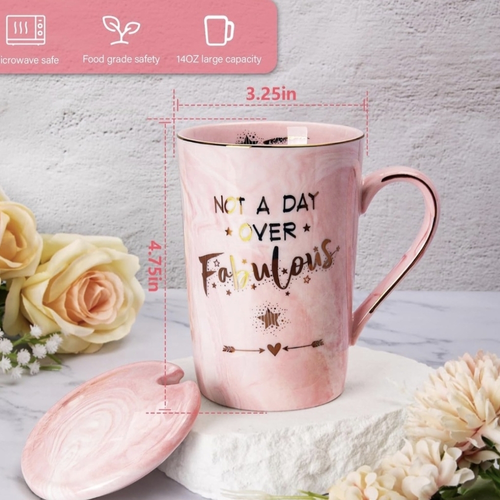 Not a Day Over Fabulous 14oz Pink Gold Ceramic Coffee Mug Gift Set NIB